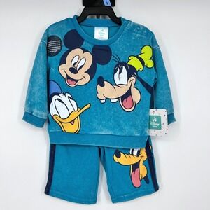 Disney Baby Sweatshirt Shorts Set Kids 3-6M Teal Mickey Donald Goofy Pluto